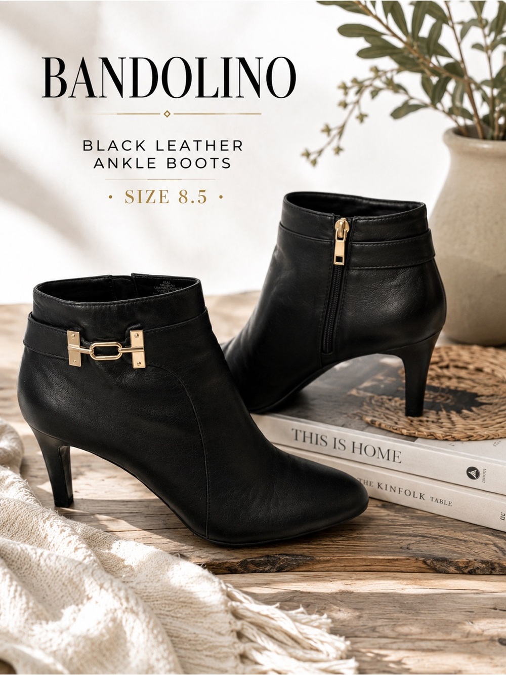Bandolino Black Leather Ankle Booties Gold Hardware Pointed Toe Heels Sz 8.5